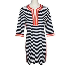 Gretchen Scott Hinckley Nautical Stripe Shift Dress Navy Coral Trim Size Large